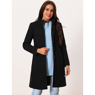 Womens' Fall Winter Button Front Closure Mock Neck Woolen Coat With Pockets