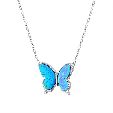 Sterling Silver Lab-Created Blue Opal & Cubic Zirconia Butterfly Necklace