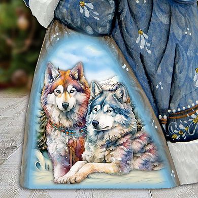 Winter Wolves Santa In Blue Hand-painted Wood Carved Masterpiece By G. Debrekht - Christmas Decor