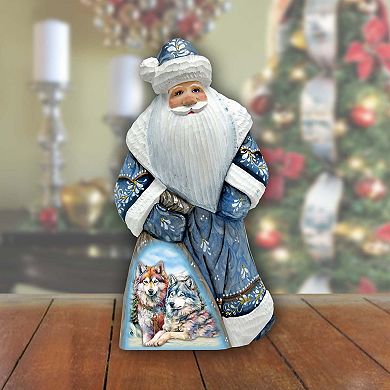 Winter Wolves Santa In Blue Hand-painted Wood Carved Masterpiece By G. Debrekht - Christmas Decor
