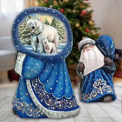 Polar Bears Santa With Bag Hand-painted Wood Carved Masterpiece By G. Debrekht - Christmas Decor