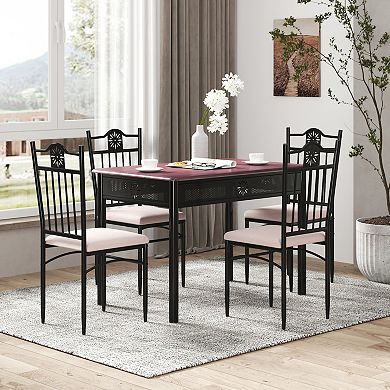 5 Pcs Dining Set Wood Metal Table and 4 Chairs with Cushions