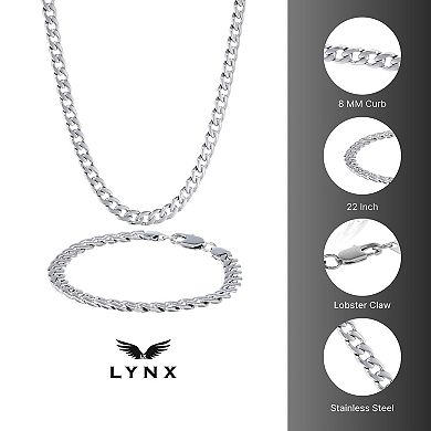 LYNX Stainless Steel 7.5MM Curb Chain Men's Bracelet and Necklace Set