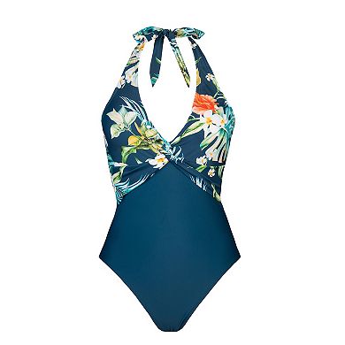 Women's CUPSHE Halter Twisted Front Tropical Print One-Piece Swimsuit