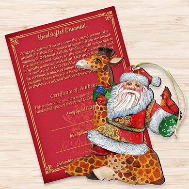 Set of 2 - Santa On Giraffe Wooden Christmas Ornaments by G. DeBrekht - Christmas Santa Snowman Decor