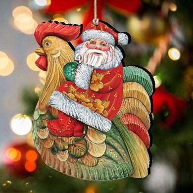 Set of 2 - Santa Rooster Wooden Christmas Ornaments by G. DeBrekht - Christmas Santa Snowman Decor