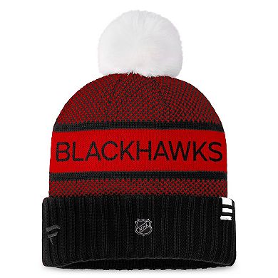 Women's Fanatics Branded  Black/Red Chicago Blackhawks Authentic Pro Rink Cuffed Knit Hat with Pom