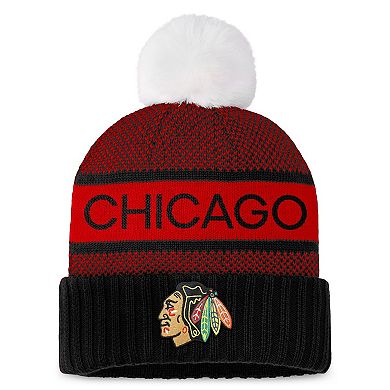 Women's Fanatics Branded  Black/Red Chicago Blackhawks Authentic Pro Rink Cuffed Knit Hat with Pom