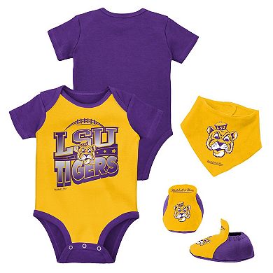 Infant Mitchell & Ness Purple/Gold LSU Tigers 3-Pack Bodysuit, Bib and Bootie Set
