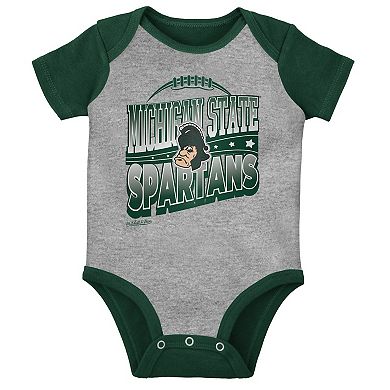 Infant Mitchell & Ness Green/Heather Gray Michigan State Spartans 3-Pack Bodysuit, Bib and Bootie Set