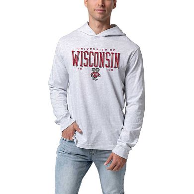 Men's League Collegiate Wear Ash Wisconsin Badgers Team Stack Tumble Long Sleeve Hooded T-Shirt
