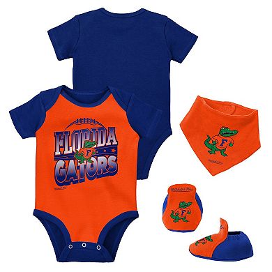 Infant Mitchell & Ness Royal/Orange Florida Gators 3-Pack Bodysuit, Bib and Bootie Set