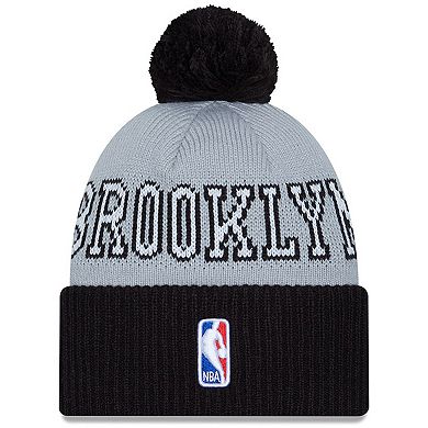 Men's New Era Black/Gray Brooklyn Nets Tip-Off Two-Tone Cuffed Knit Hat with Pom