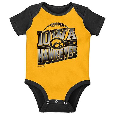 Infant Mitchell & Ness Black/Gold Iowa Hawkeyes 3-Pack Bodysuit, Bib and Bootie Set