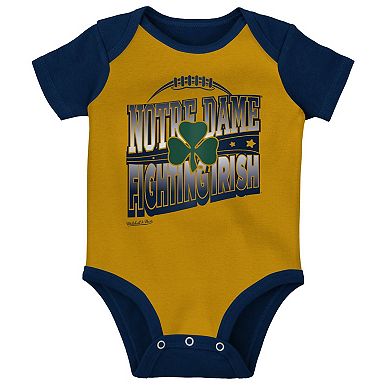 Infant Mitchell & Ness Navy/Gold Notre Dame Fighting Irish 3-Pack Bodysuit, Bib and Bootie Set