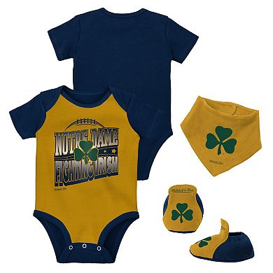 Infant Mitchell & Ness Navy/Gold Notre Dame Fighting Irish 3-Pack Bodysuit, Bib and Bootie Set