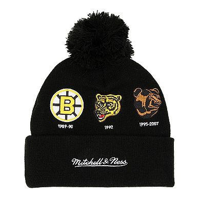 Men's Mitchell & Ness Black/ Boston Bruins 100th Anniversary Collection Timeline Cuffed Knit HatÂ with Pom