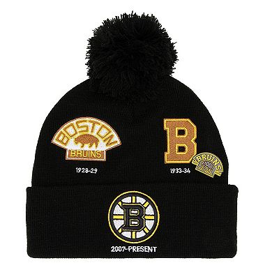 Men's Mitchell & Ness Black/ Boston Bruins 100th Anniversary Collection Timeline Cuffed Knit HatÂ with Pom