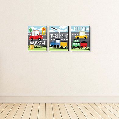 Big Dot of Happiness Cars, Trains, and Airplanes - Transportation Kids Bathroom Rules Wall Art - 7.5 x 10 inches - Set of 3 Signs - Wash, Brush, Flush