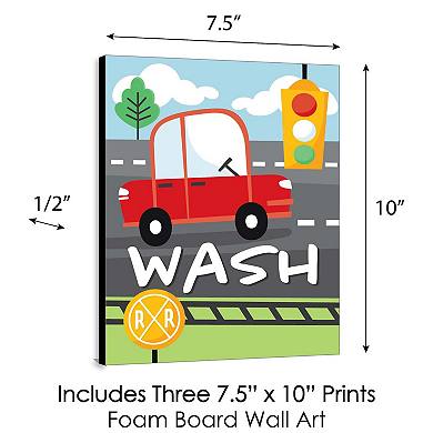 Big Dot of Happiness Cars, Trains, and Airplanes - Transportation Kids Bathroom Rules Wall Art - 7.5 x 10 inches - Set of 3 Signs - Wash, Brush, Flush