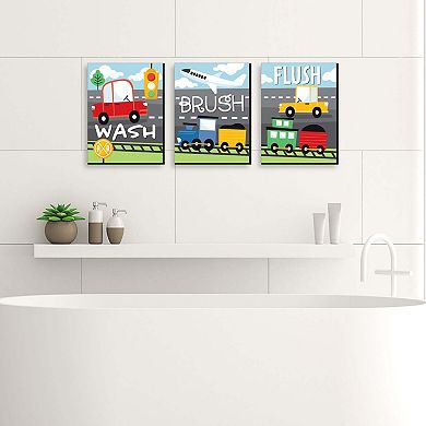 Big Dot of Happiness Cars, Trains, and Airplanes - Transportation Kids Bathroom Rules Wall Art - 7.5 x 10 inches - Set of 3 Signs - Wash, Brush, Flush