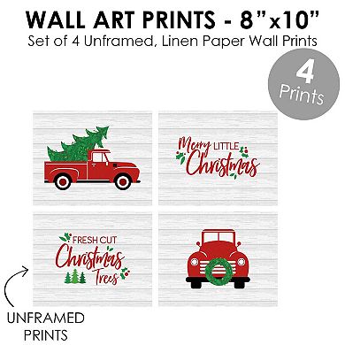 Big Dot of Happiness Merry Little Christmas Tree - Unframed Red Truck Christmas Linen Paper Wall Art - Set of 4 - Artisms - 8 x 10 inches
