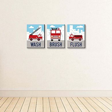 Big Dot of Happiness Fired Up Fire Truck - Kids Bathroom Rules Wall Art - 7.5 x 10 inches - Set of 3 Signs - Wash, Brush, Flush