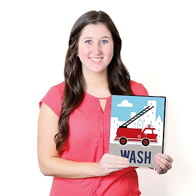 Big Dot of Happiness Fired Up Fire Truck - Kids Bathroom Rules Wall Art - 7.5 x 10 inches - Set of 3 Signs - Wash, Brush, Flush