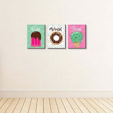 Big Dot of Happiness Sweet Shoppe - Kids Bathroom Rules Wall Art - 7.5 x 10 inches - Set of 3 Signs - Wash, Brush, Flush