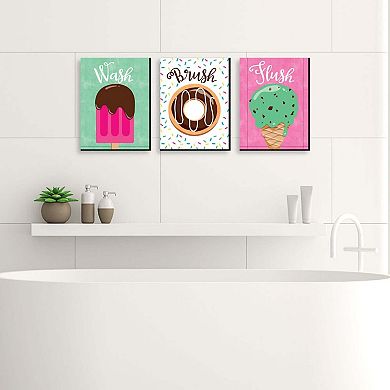 Big Dot of Happiness Sweet Shoppe - Kids Bathroom Rules Wall Art - 7.5 x 10 inches - Set of 3 Signs - Wash, Brush, Flush