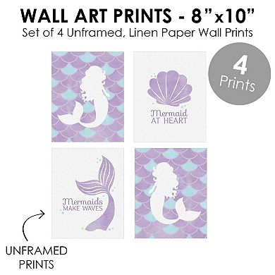 Big Dot of Happiness Let's Be Mermaids - Unframed Purple & Teal Mermaid Tail Nursery or Kids Room Linen Paper Wall Art Set of 4 Artisms 8 x 10 inches