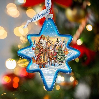 Santa with Reindeer Star Glass Christmas Ornament by G. Debrekht - Christmas Santa Snowman Decor