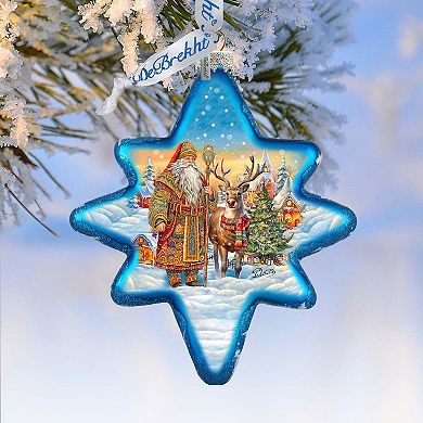 Santa with Reindeer Star Glass Christmas Ornament by G. Debrekht - Christmas Santa Snowman Decor