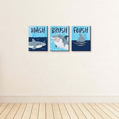 Big Dot of Happiness Shark Zone - Kids Bathroom Rules Wall Art - 7.5 x 10 inches - Set of 3 Signs - Wash, Brush, Flush
