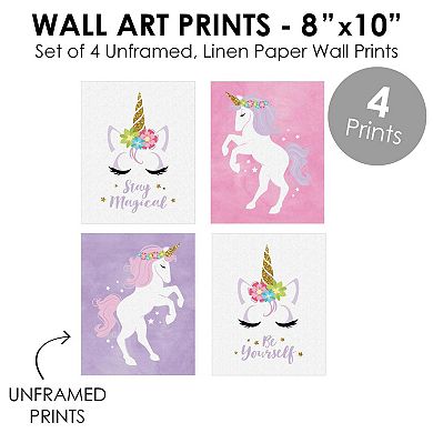 Big Dot of Happiness Rainbow Unicorn - Unframed Magical Unicorn Nursery and Kids Room Linen Paper Wall Art - Set of 4 - Artisms - 8 x 10 inches