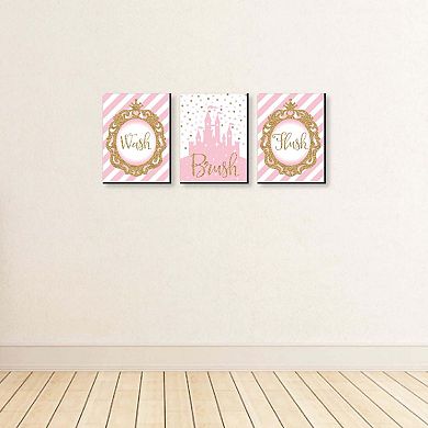 Big Dot of Happiness Little Princess Crown - Kids Bathroom Rules Wall Art - 7.5 x 10 inches - Set of 3 Signs - Wash, Brush, Flush