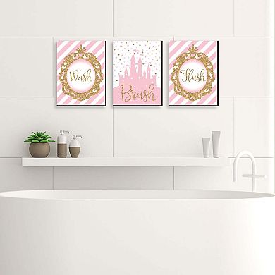 Big Dot of Happiness Little Princess Crown - Kids Bathroom Rules Wall Art - 7.5 x 10 inches - Set of 3 Signs - Wash, Brush, Flush
