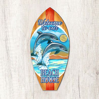 Dolphins Surfboard Coastal Door Decor by G. DeBrekht - Coastal Holiday Decor
