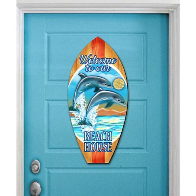 Dolphins Surfboard Coastal Door Decor by G. DeBrekht - Coastal Holiday Decor