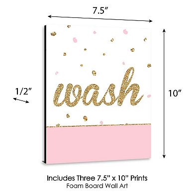 Big Dot of Happiness Girl - Pink and Gold - Kids Bathroom Rules Wall Art - 7.5 x 10 inches - Set of 3 Signs - Wash, Brush, Flush