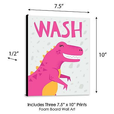 Big Dot of Happiness Roar Dinosaur Girl - Kids Bathroom Rules Wall Art - 7.5 x 10 inches - Set of 3 Signs - Wash, Brush, Flush