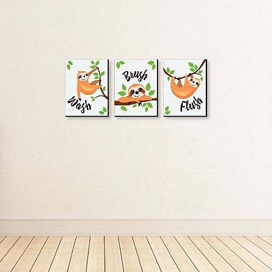 Big Dot of Happiness Let's Hang - Sloth - Kids Bathroom Rules Wall Art - 7.5 x 10 inches - Set of 3 Signs - Wash, Brush, Flush