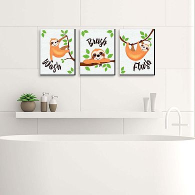 Big Dot of Happiness Let's Hang - Sloth - Kids Bathroom Rules Wall Art - 7.5 x 10 inches - Set of 3 Signs - Wash, Brush, Flush