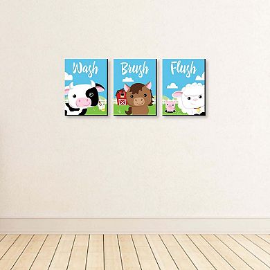 Big Dot of Happiness Farm Animals - Barnyard Kids Bathroom Rules Wall Art - 7.5 x 10 inches - Set of 3 Signs - Wash, Brush, Flush
