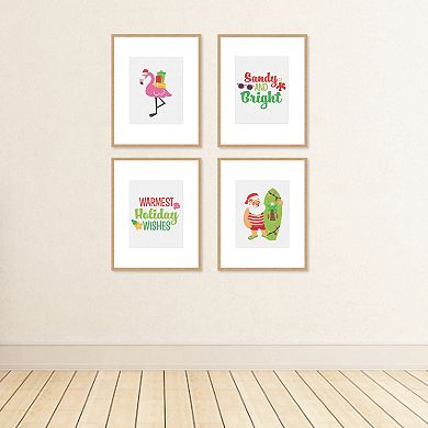 Big Dot of Happiness Tropical Christmas - Unframed Beach Santa and Flamingo Holiday Linen Paper Wall Art - Set of 4 - Artisms - 8 x 10 inches