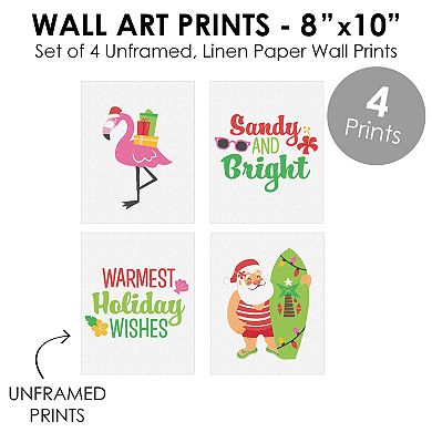 Big Dot of Happiness Tropical Christmas - Unframed Beach Santa and Flamingo Holiday Linen Paper Wall Art - Set of 4 - Artisms - 8 x 10 inches