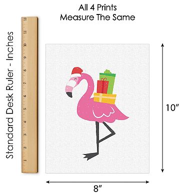 Big Dot of Happiness Tropical Christmas - Unframed Beach Santa and Flamingo Holiday Linen Paper Wall Art - Set of 4 - Artisms - 8 x 10 inches