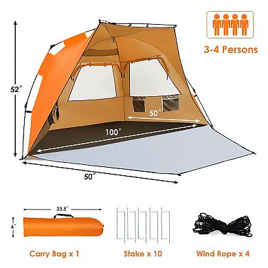 3-4 Person Easy Pop Up Beach Tent UPF 50+ Portable Sun Shelter