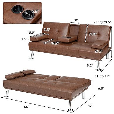 Convertible Folding Leather Futon Sofa with Cup Holders and Armrests