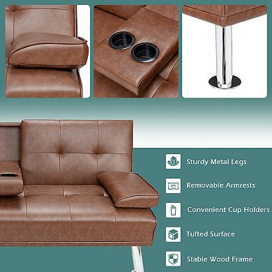 Convertible Folding Leather Futon Sofa with Cup Holders and Armrests